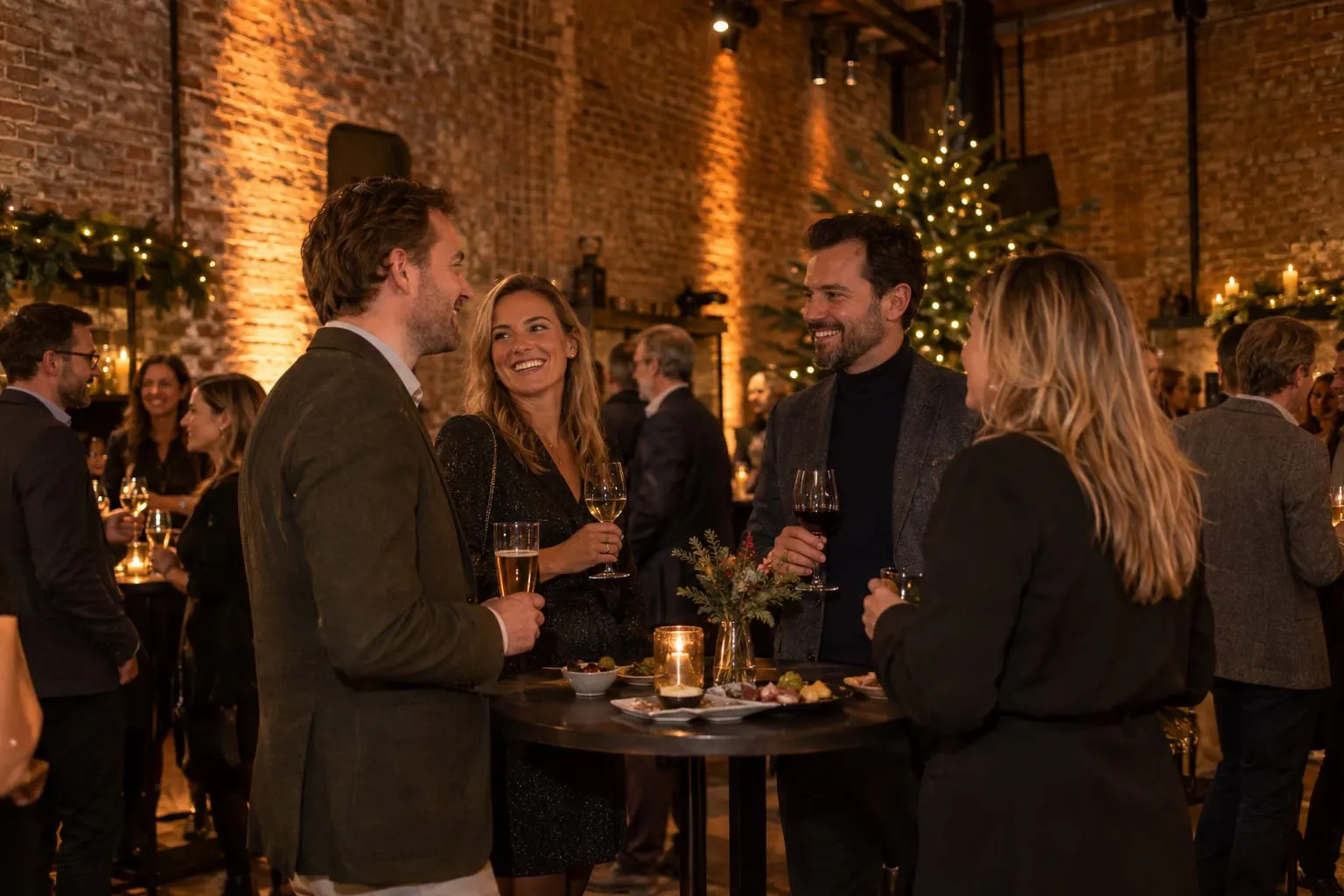 Gegenereerde sfeerimpressie: Bedrijfsborrel met hapjes en drankjes in wintersfeer