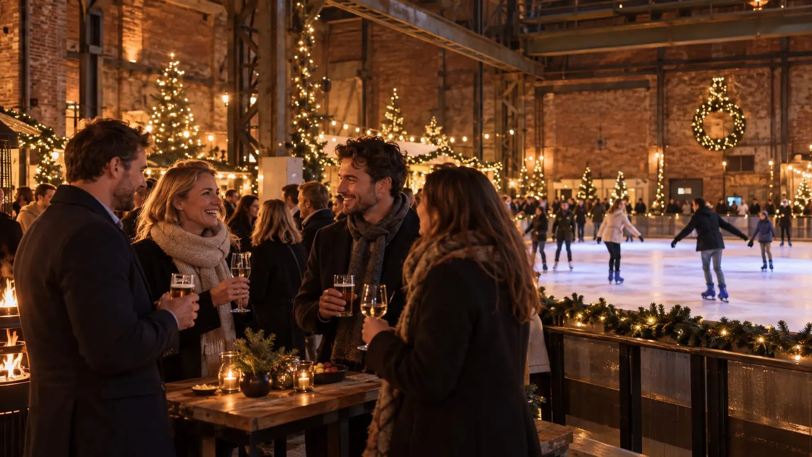 Gegenereerde sfeerimpressie van een bedrijfsborrel bij de ijsbaan in de Lichtfabriek