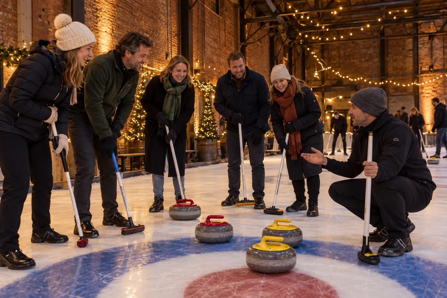 Gegenereerde sfeerimpressie: Company Curling: collega’s krijgen uitleg op het ijs