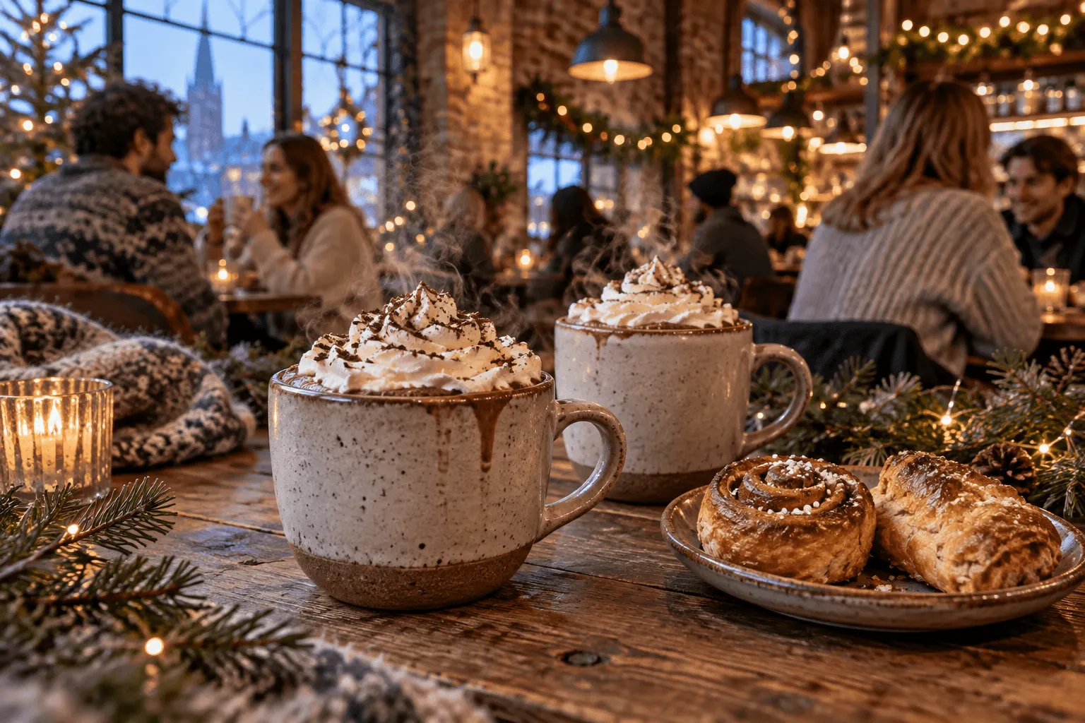 Gegenereerd sfeerbeeld: Warme chocolademelk met zoete lekkernijen