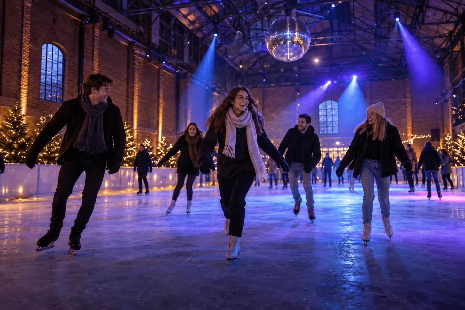 Impressie: discoschaatsen in een winterse industriële hal met bakstenen muren en enkele ramen